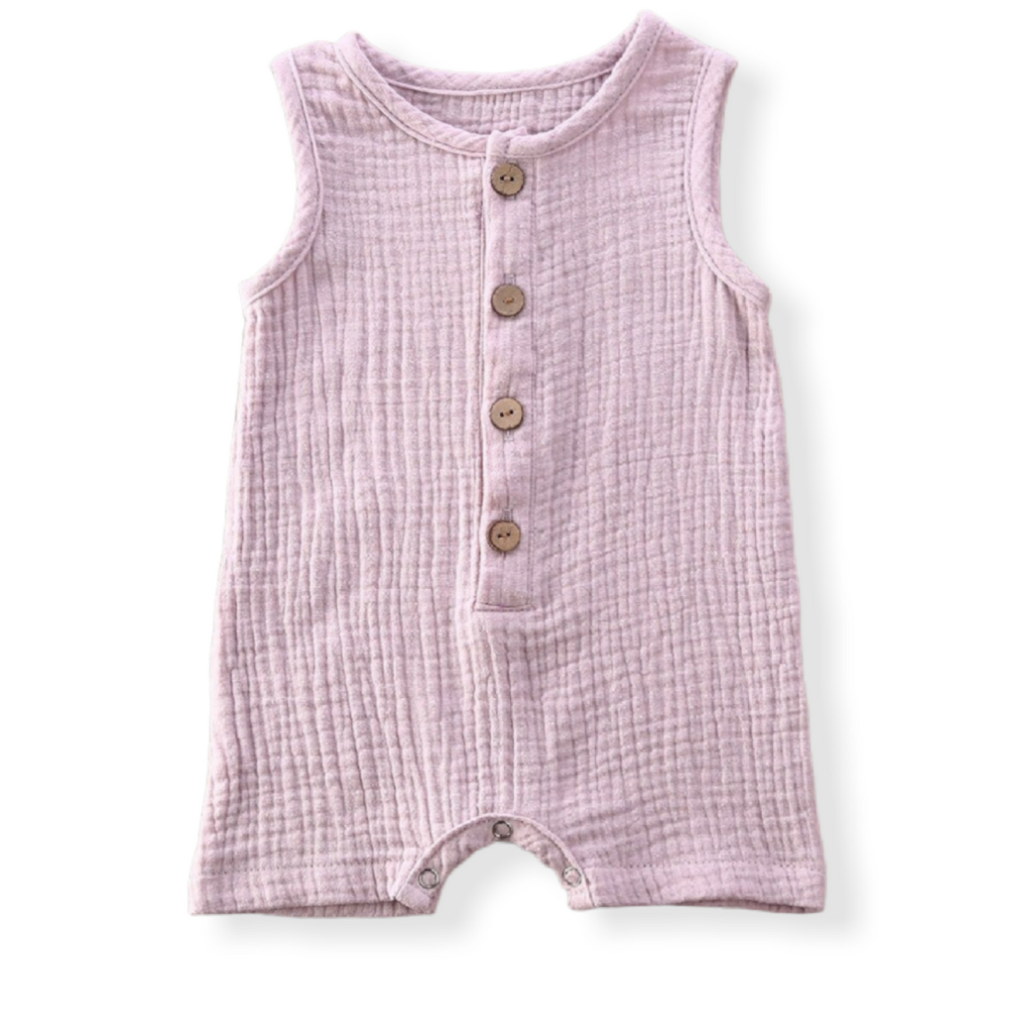 Lilac cotton baby romper for summer with buttons on the front and bottom- Hunny Bubba Kids