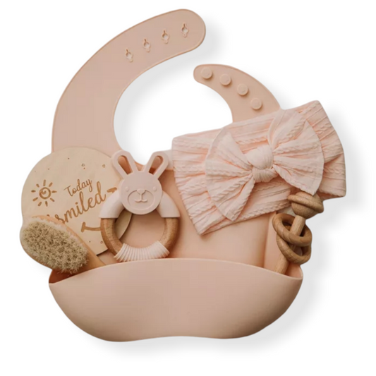 Newborn baby gift set with silicone bib-hair brush-rattle-toys- Hunny Bubba Kids