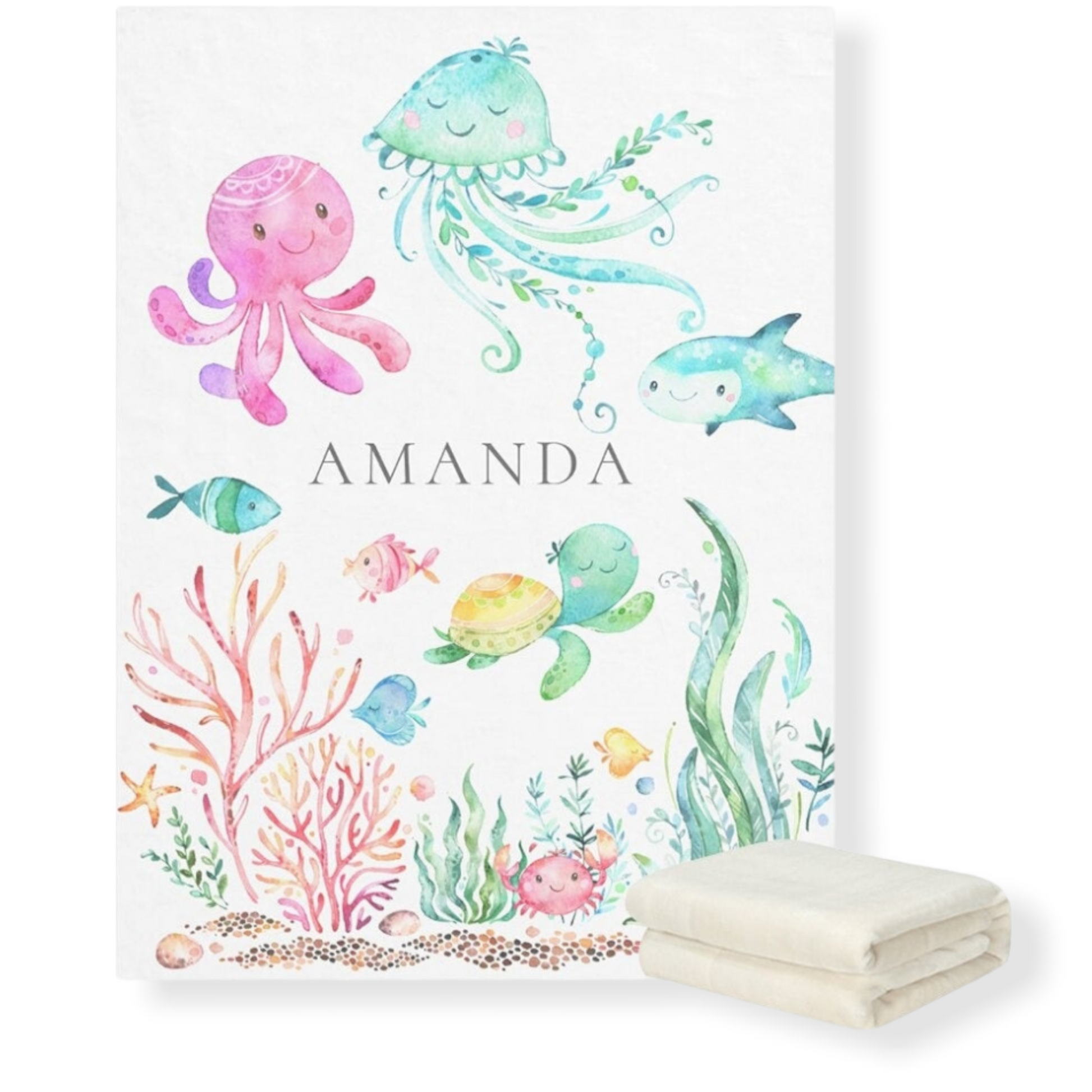 Personalized baby fleece blanket with under the sea animals print- hunny bubba kids