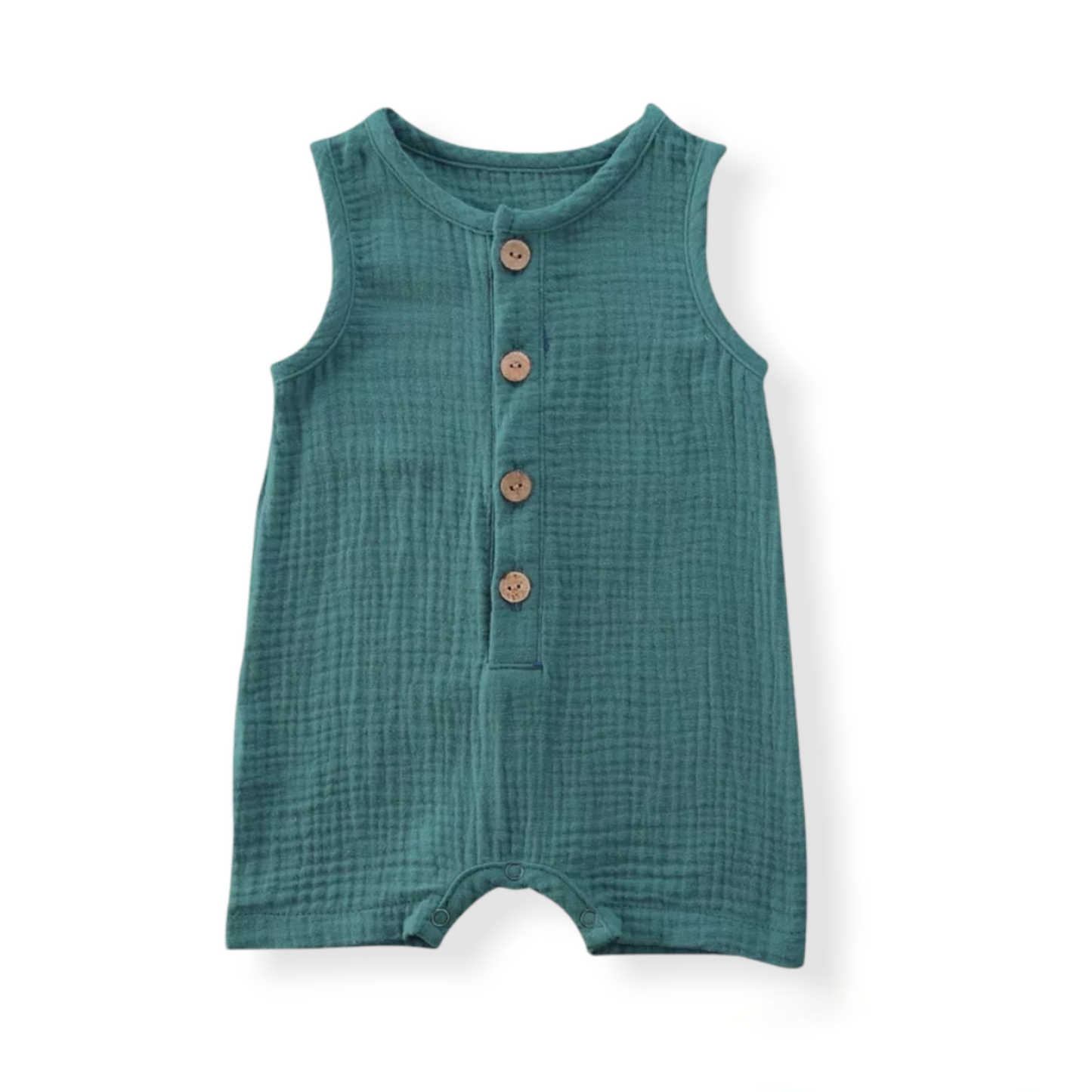 Green cotton baby romper for summer with buttons on the front and bottom- Hunny Bubba Kids