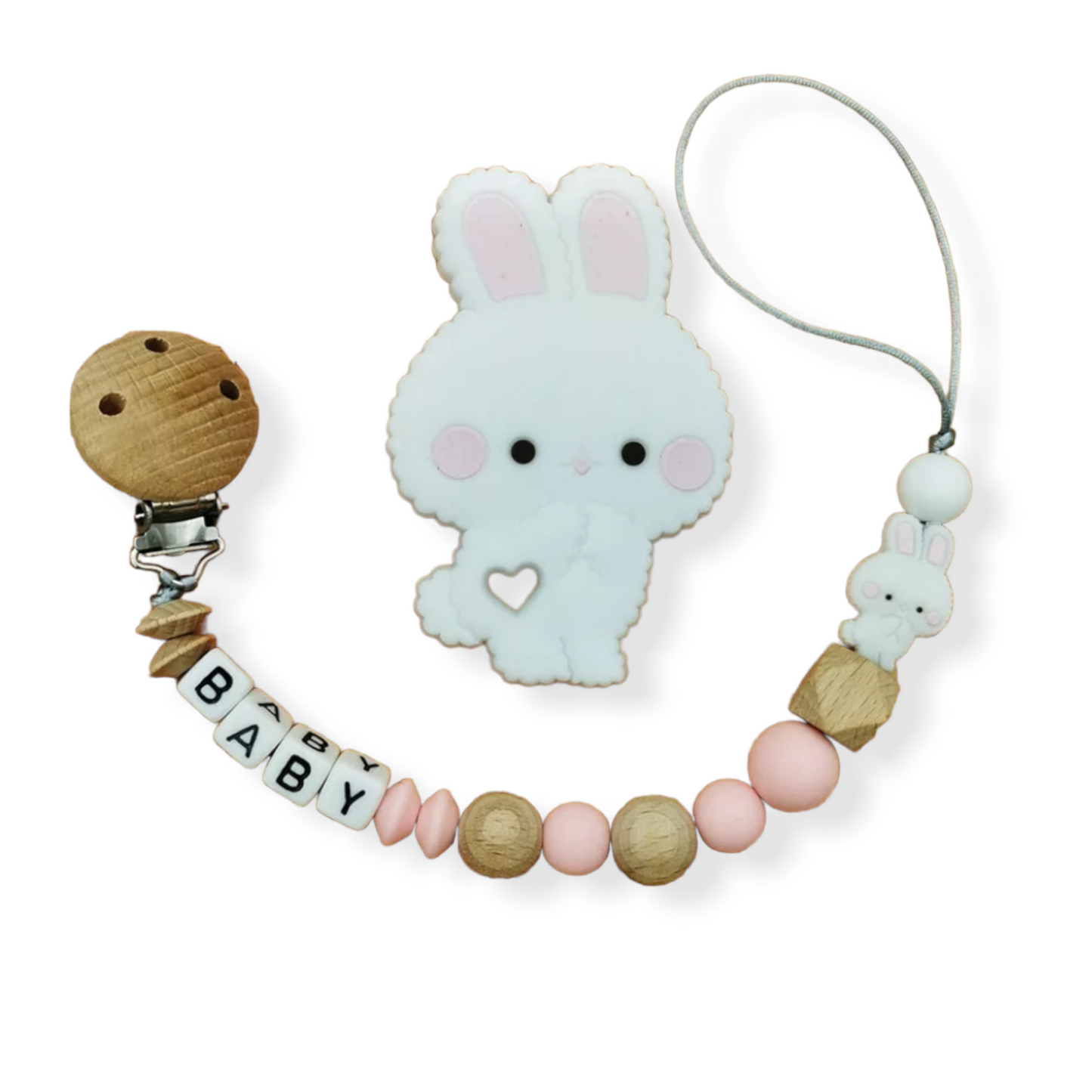 Pink wooden and silicone customizable pacifier clip with baby's name and bunny teether set