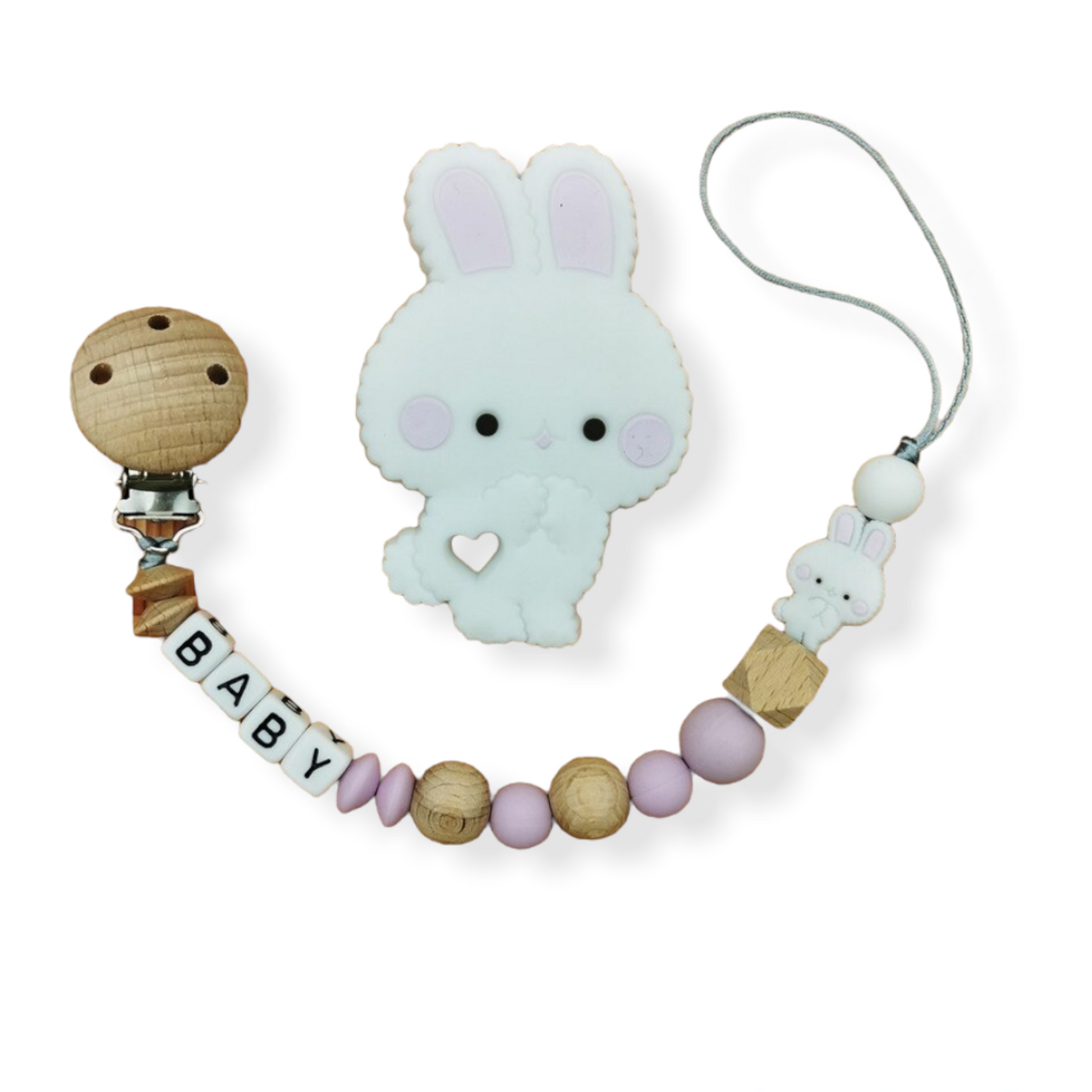 purple wooden bunny personalized dummy clip with baby's name and bunny teether set.