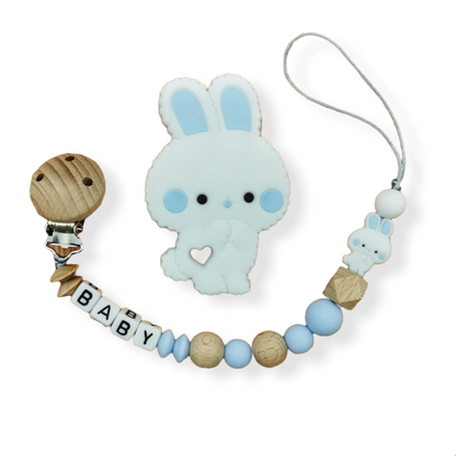 blue bunny teether set with wooden personalized pacifier clip on a white background from Hunny Bubba Kids