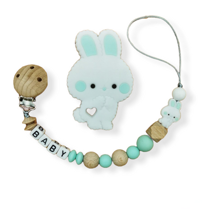 Mint green personalized pacifier holder with baby's name and bunny teether set