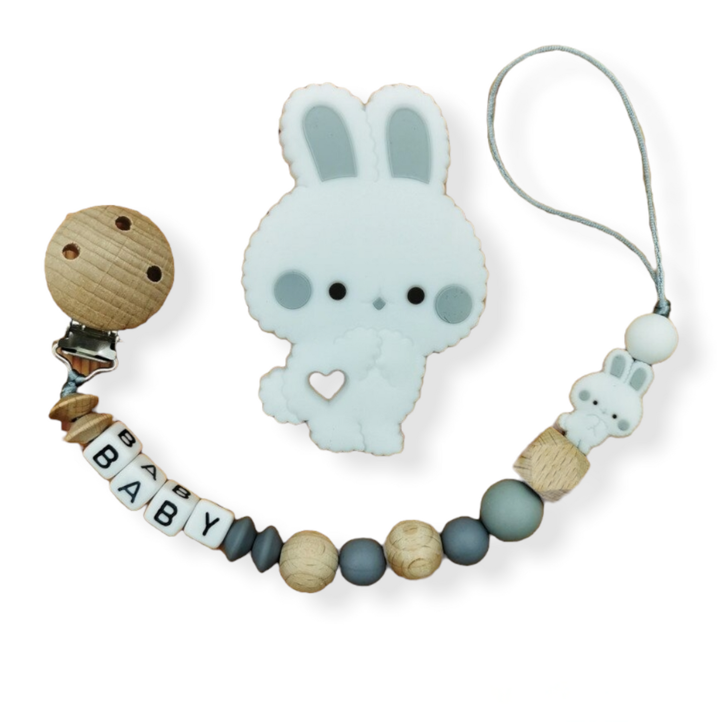 grey wooden bunny customizable pacifier holder with baby's name and silicone bunny teether set for babies