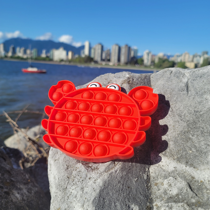 crab fidget pop-it toy on a rock by the ocean