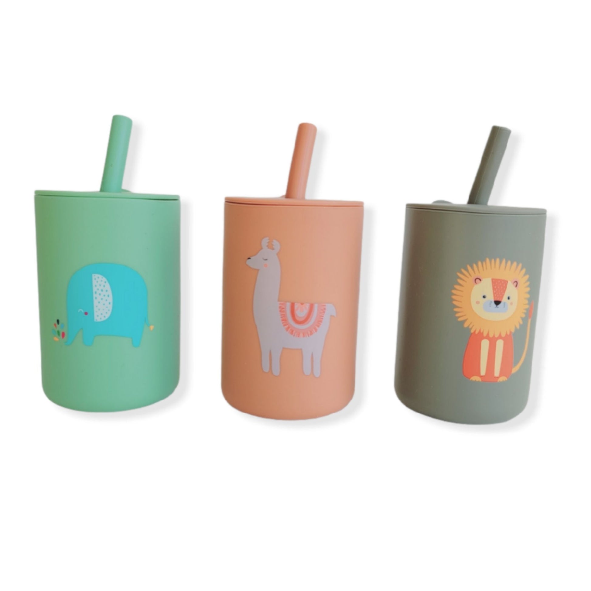 front Green silicone sippy cup with straw and cute elephant design on it for babies, toddlers and kids- Hunny Bubba Kids
