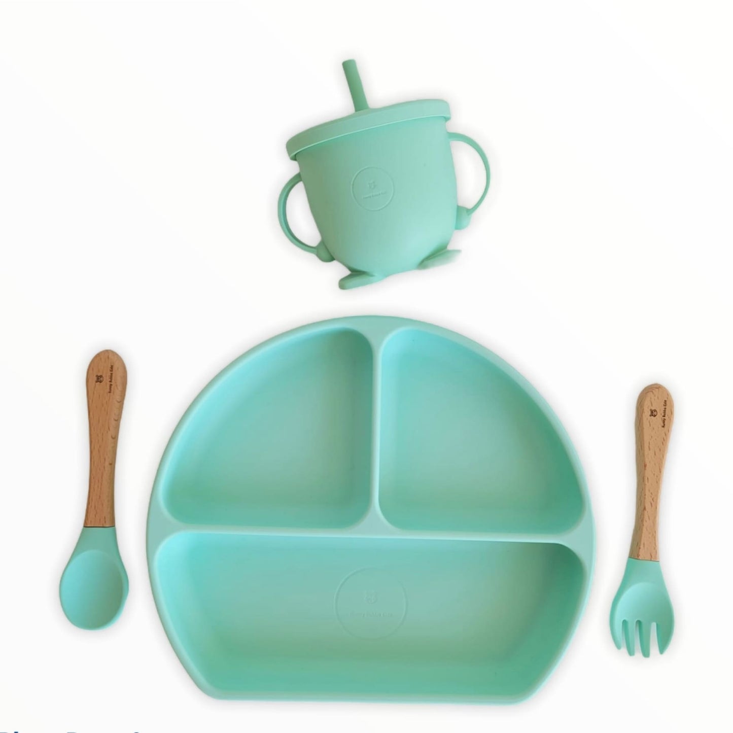 cute baby four piece dining set with plate, cup, sppon and fork. Green mint set | Hunny Bubba Kids