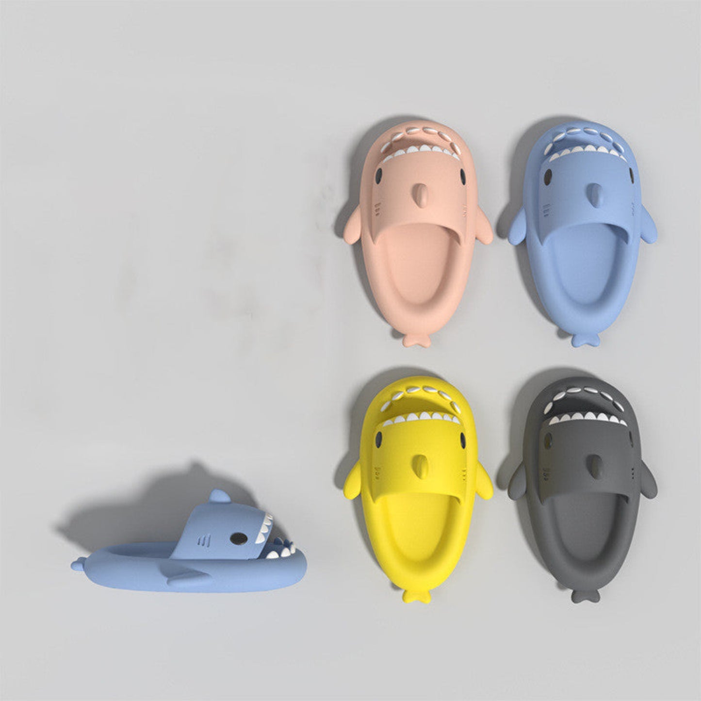five shark slippers with four different colors