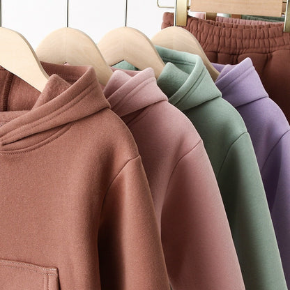 collection of four pullover hoodies with different colors Brown, pink, green mint and lilac hung on hangers 