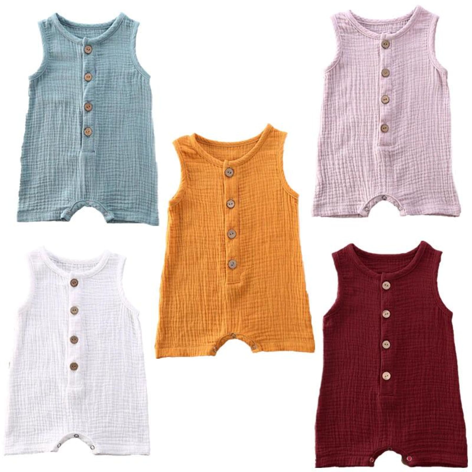 all variations and colours of the cotton baby romper for summer with buttons on the front and bottom- Hunny Bubba Kids