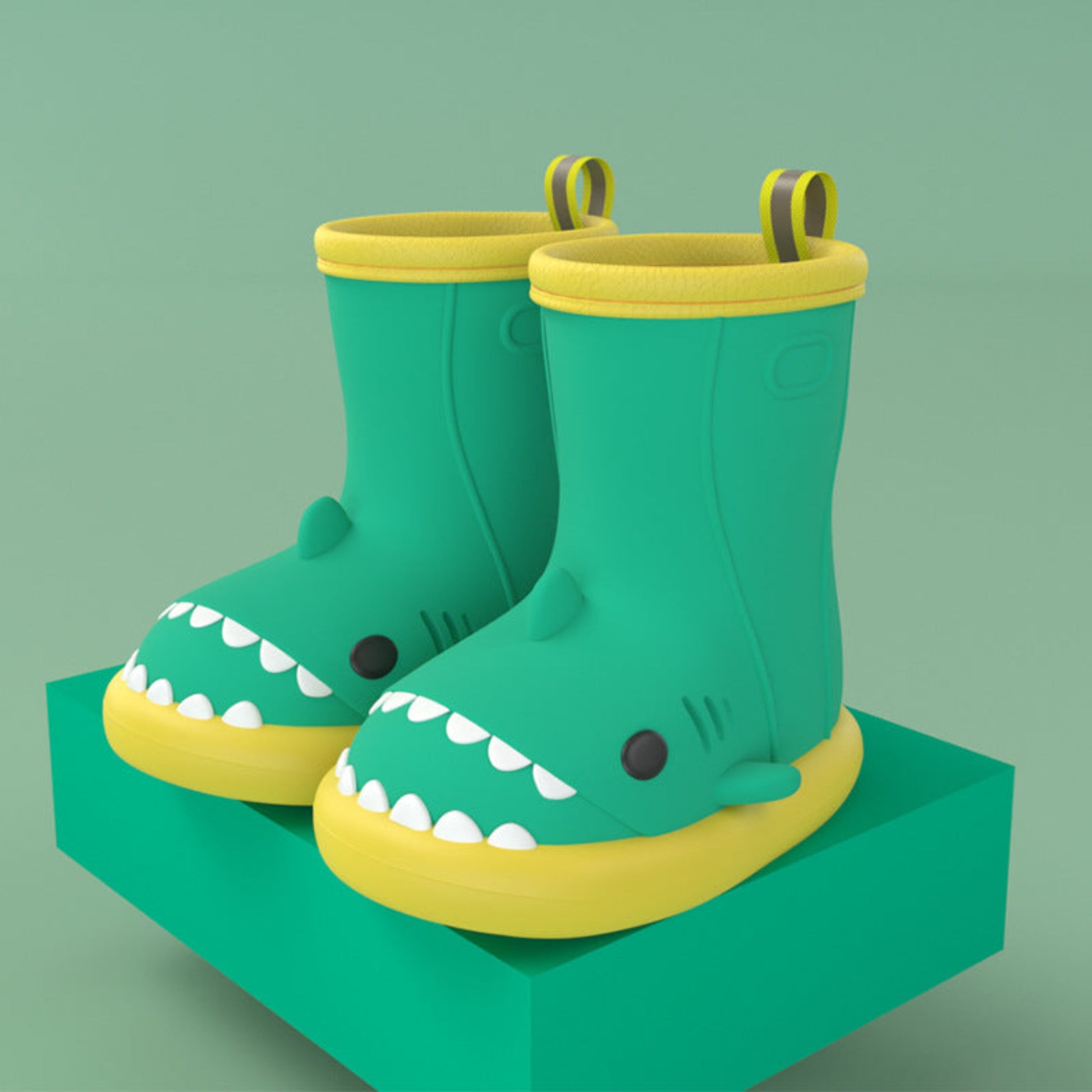 pair of green waterproof shark rain wellies with yellow sole on a yellow block for display