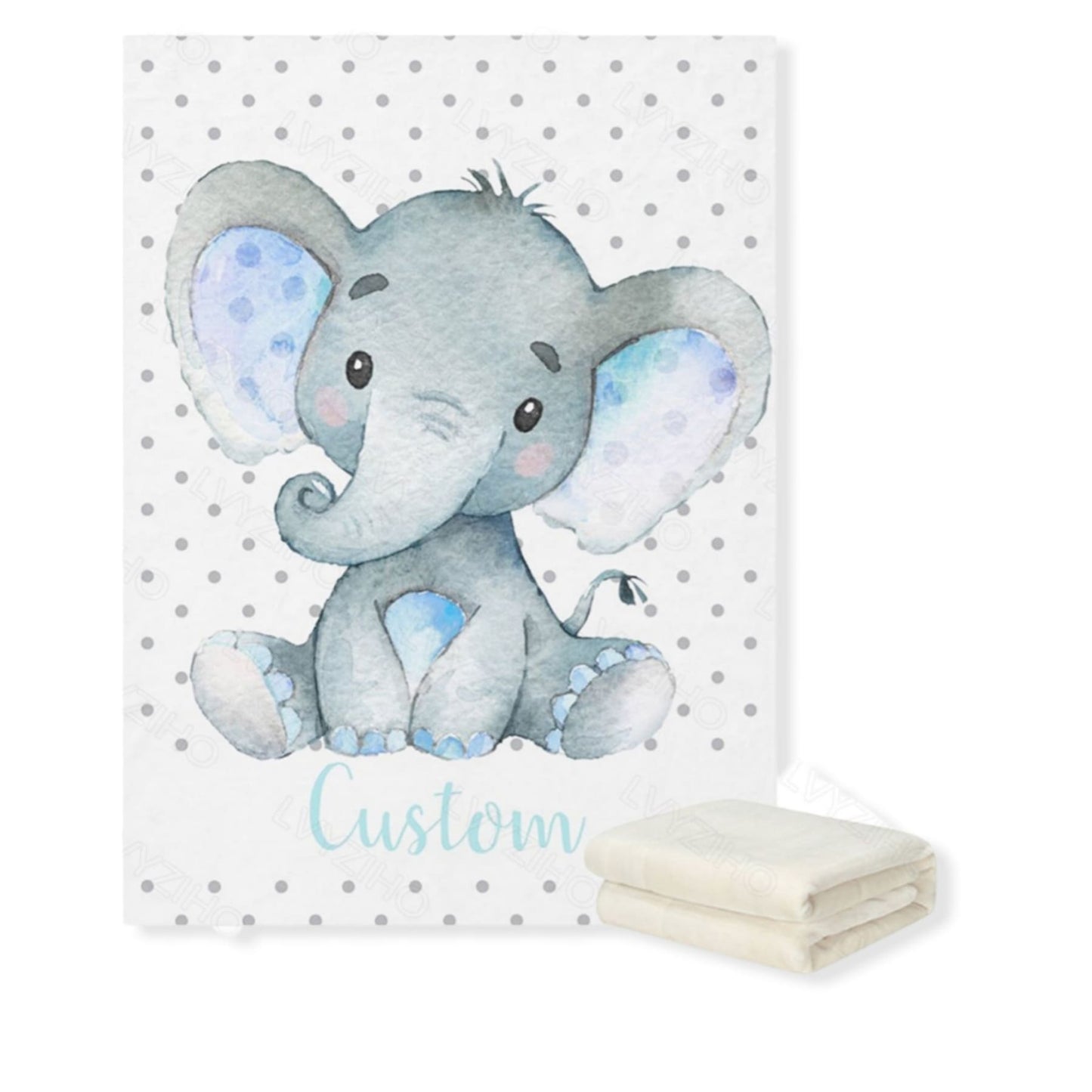 elephant personalized baby blanket with blue polka dots 2- hunny bubba kids