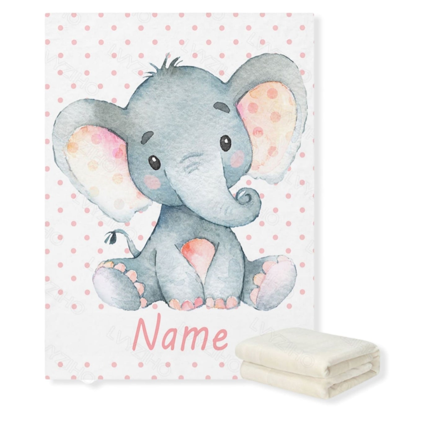 elephant personalized baby blanket with pink polka dots no hair tie- hunny bubba kids