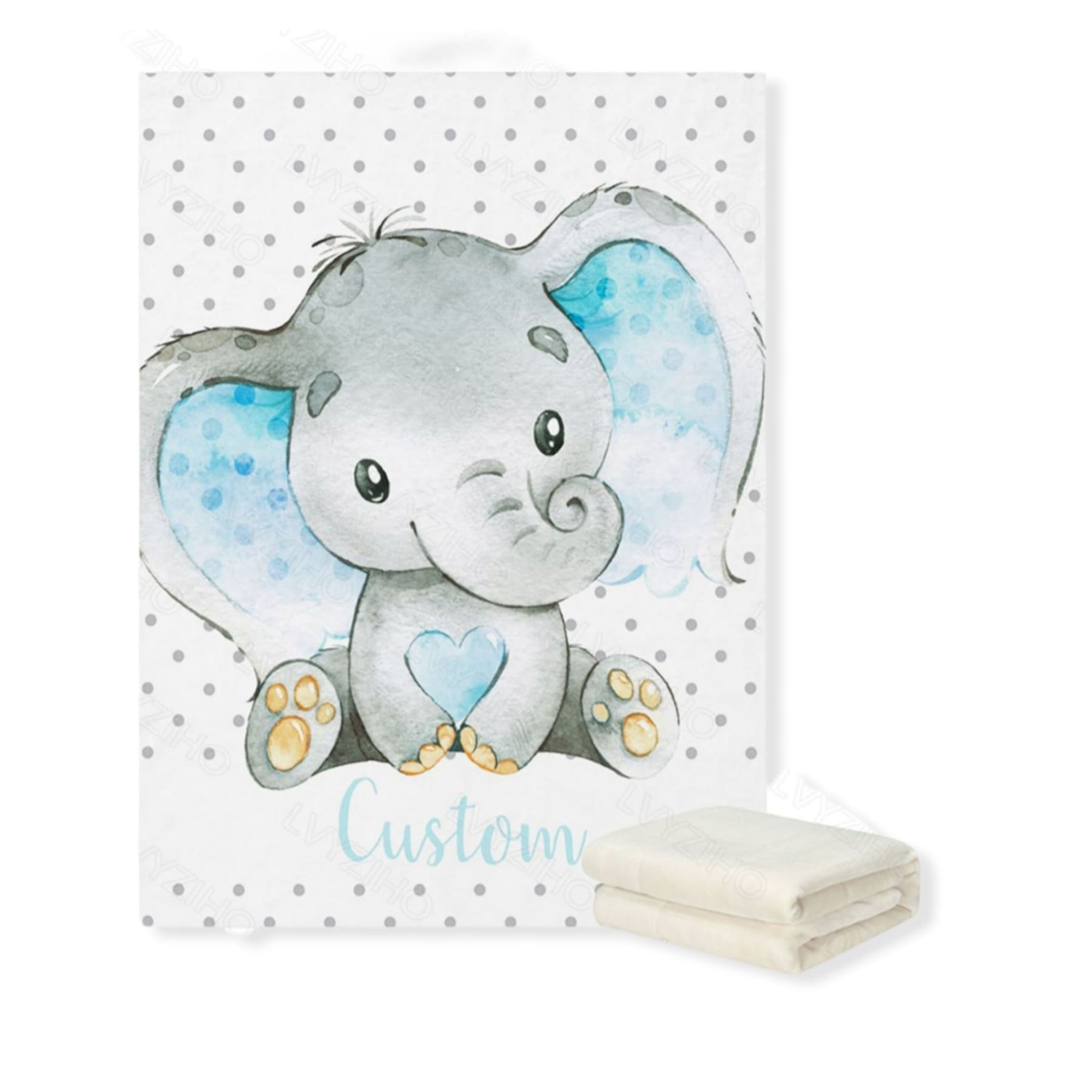 elephant personalized baby blanket with blue polka dots- hunny bubba kids
