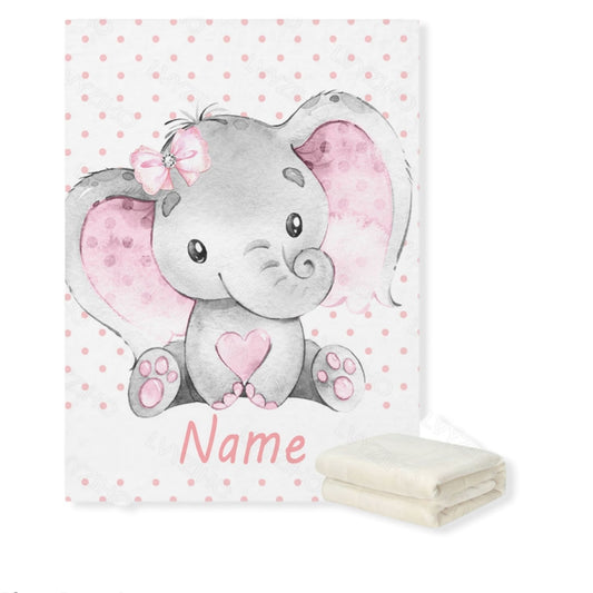 elephant personalized baby blanket with pink polka dots and hair tie- hunny bubba kids