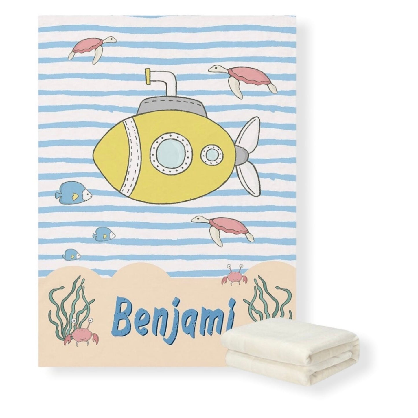 submarine personalized baby fleece blanket that can be customized with baby's name- hunny bubba kids