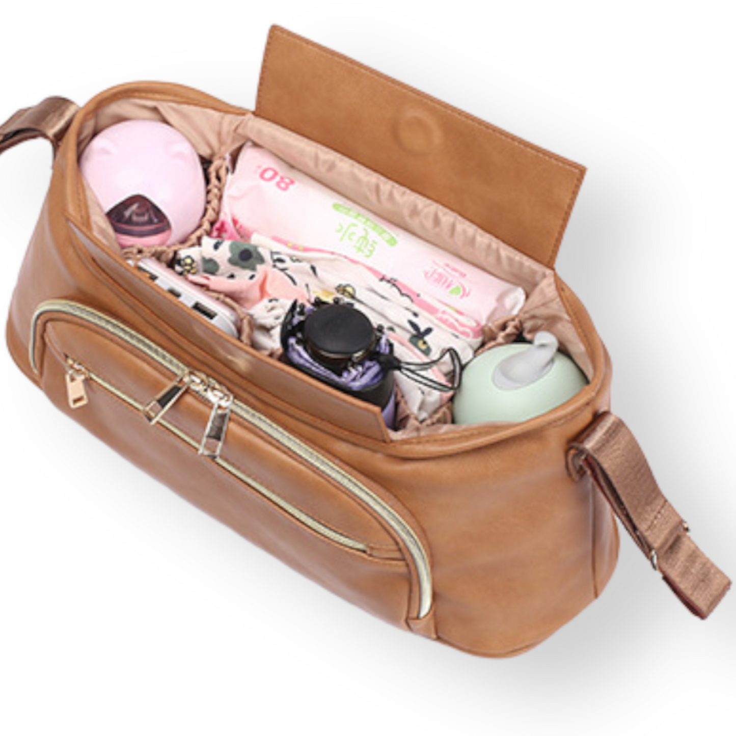 brown pram organizer bag showing everything that fits inside of it against a white background 