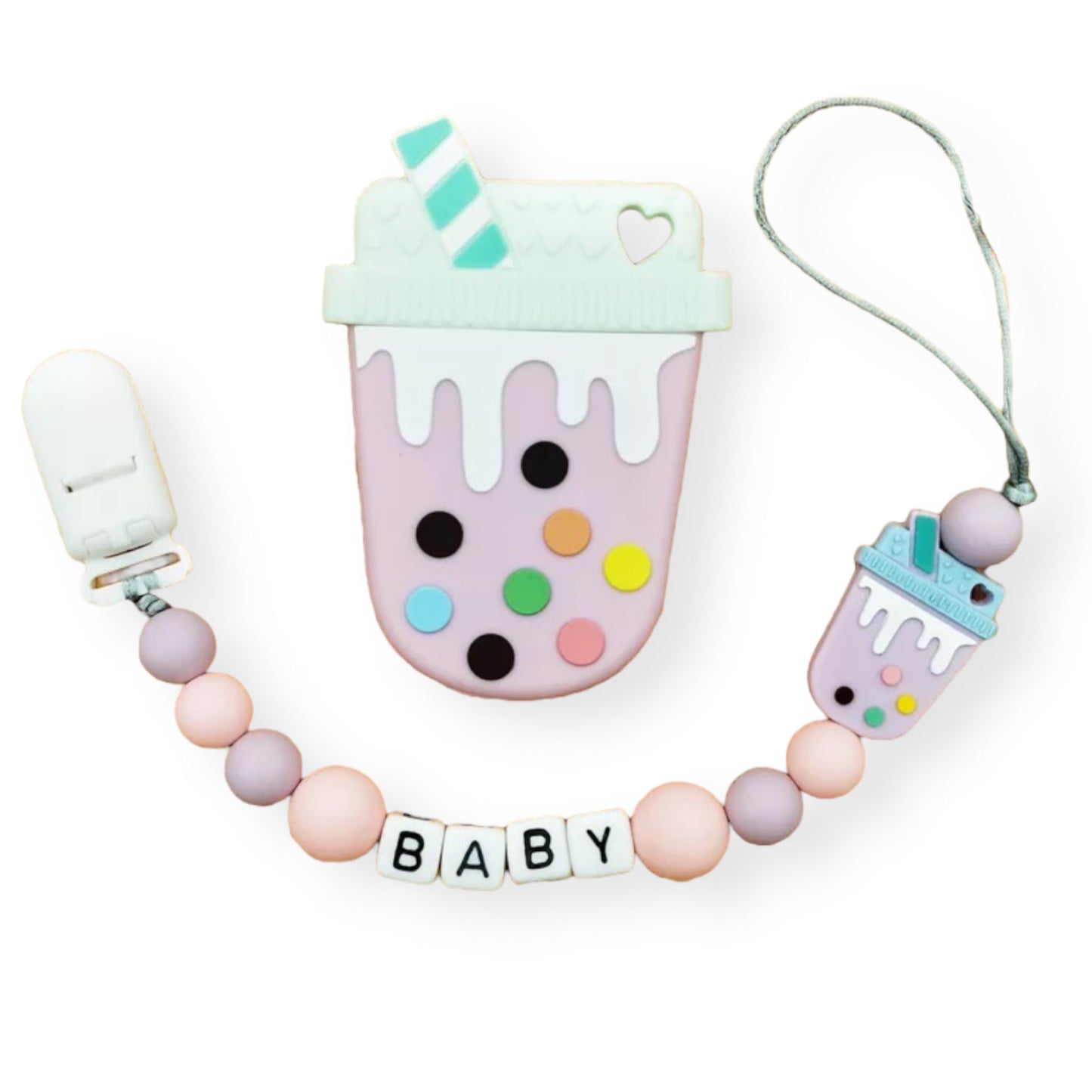 purple bubble tea personalized dummy clip with baby's name with silicone teether set for baby 