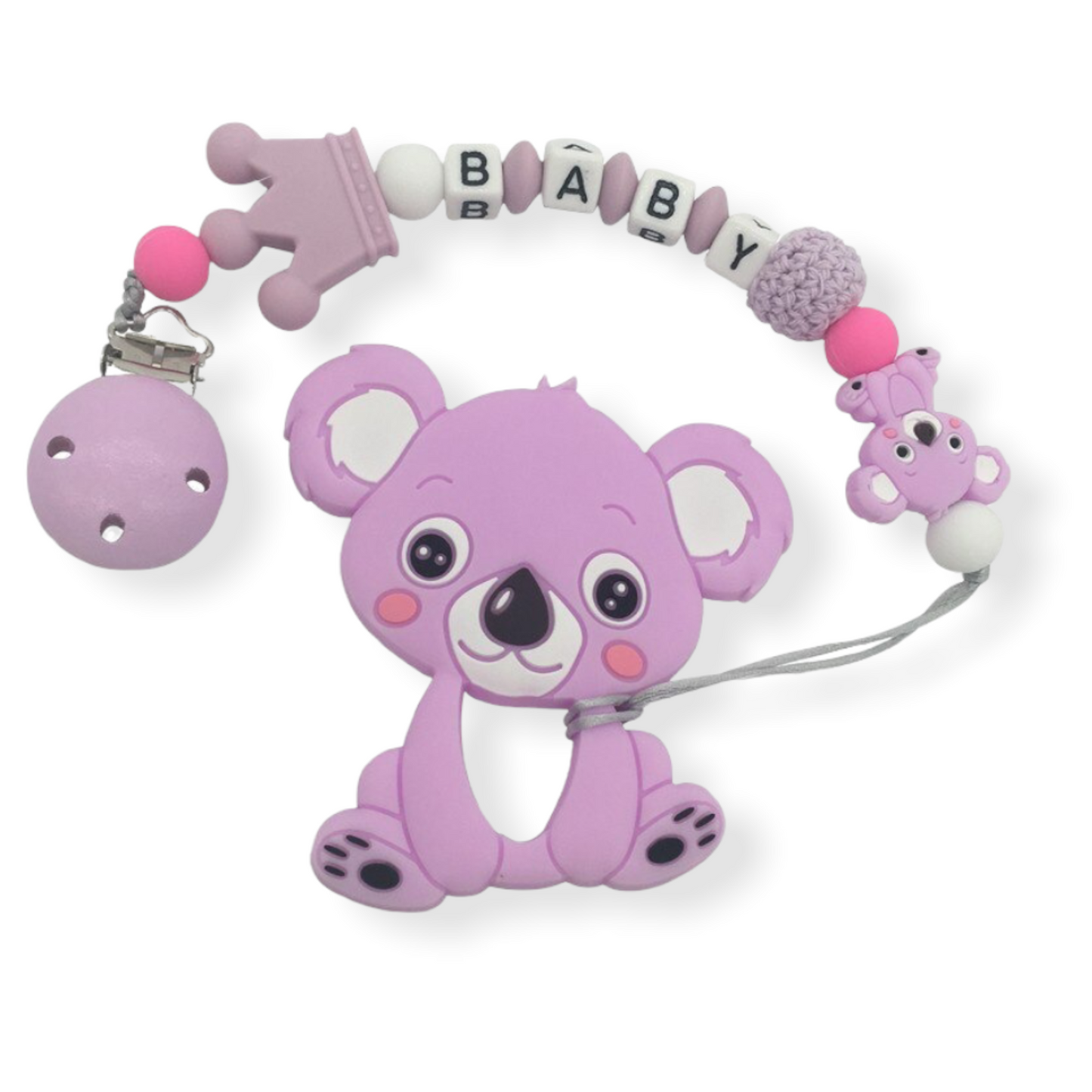 purple koala silicone personalized pacifier clip with teether included
