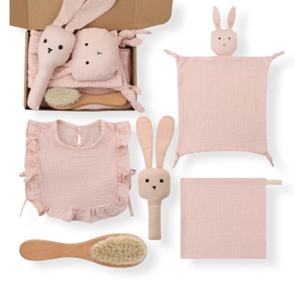 Pink Bunny five piece baby gift set for newborns with bib, swaddle, rattle, handkerchief and hair brush