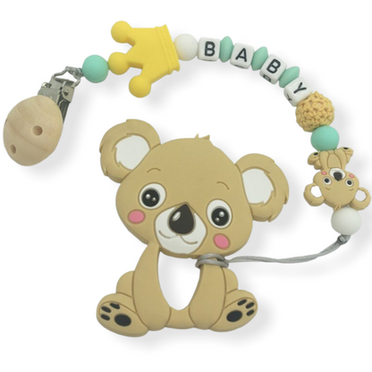 yellow silicone koala pacifier clip with baby's name 