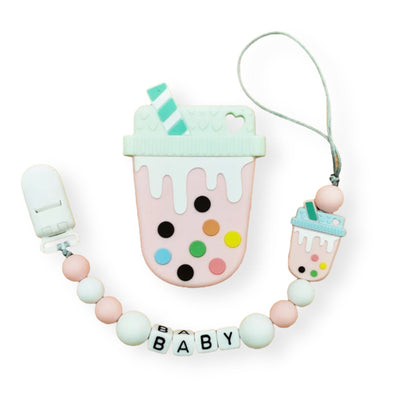 pink bubble tea personalized pacifier clip with baby's name with silicone teether set for baby 