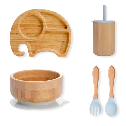 blue bamboo tableware and dining set for kids and babies with elephant plate, bowl, cup and utensils