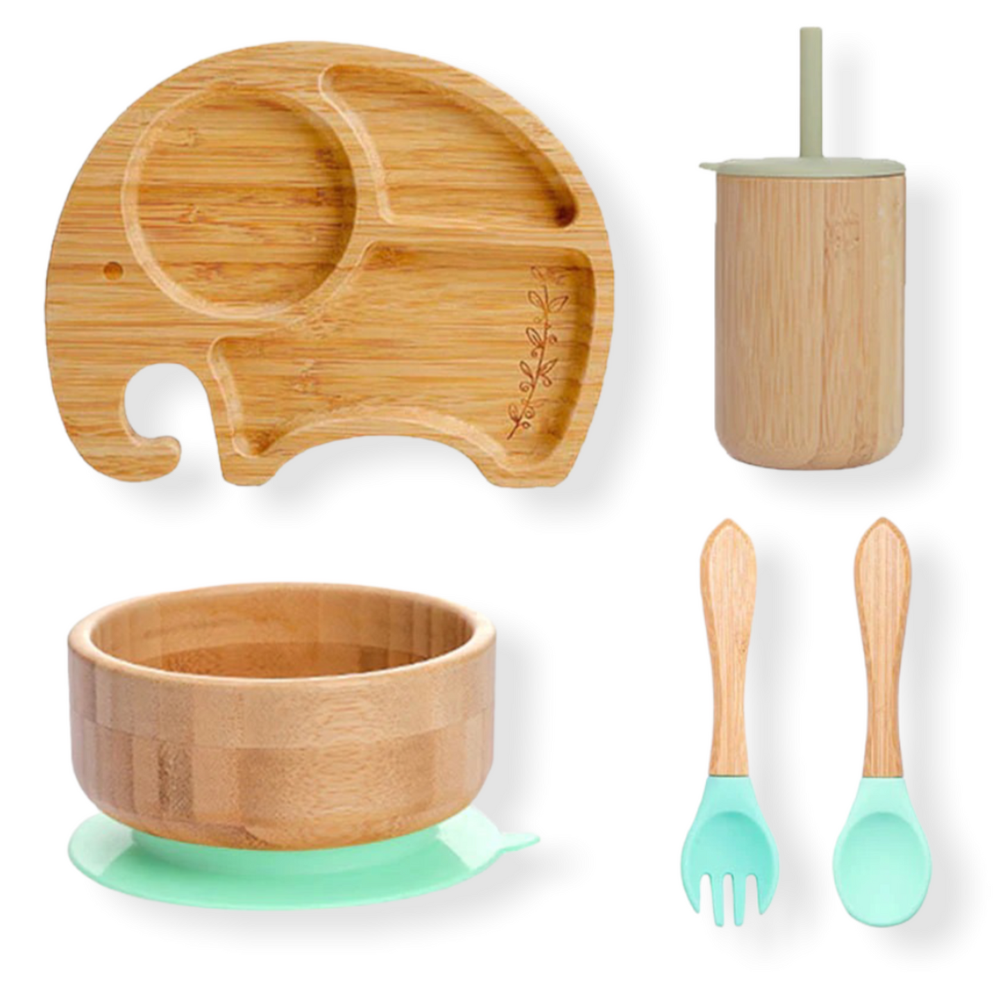 Green elephant bamboo plate and dinnerware set for toddlers on white background