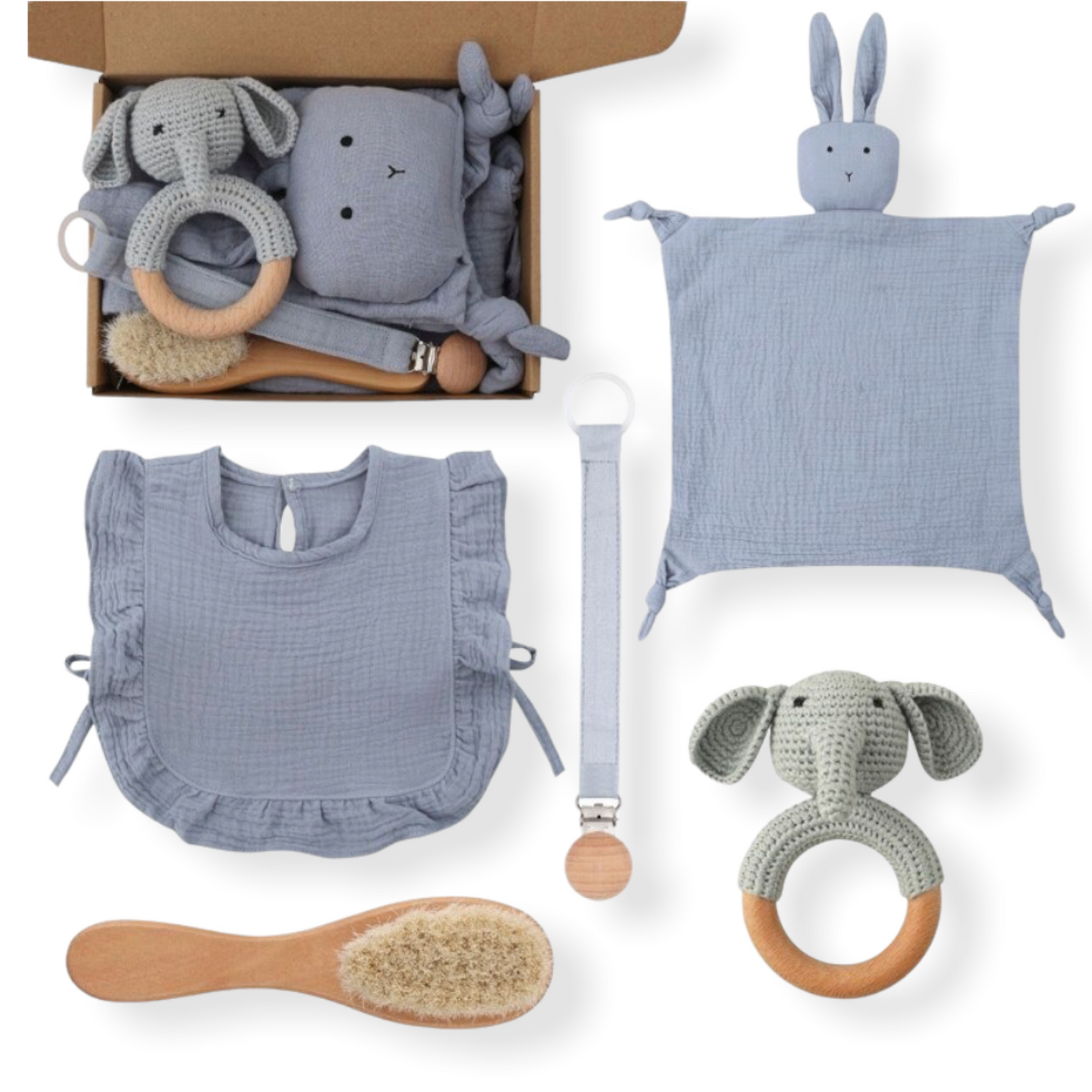 blue Bunny five piece baby gift set for newborns with bib, swaddle, elephant rattle, hair brush and fabric pacifier clip