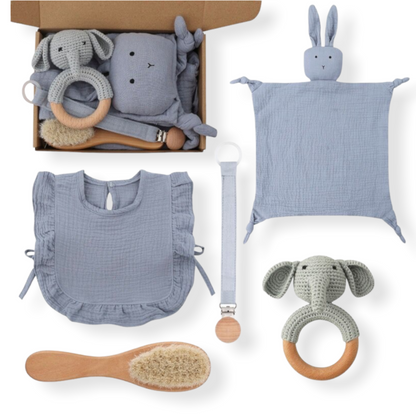 blue Bunny five piece baby gift set for newborns with bib, swaddle, elephant rattle, hair brush and fabric pacifier clip