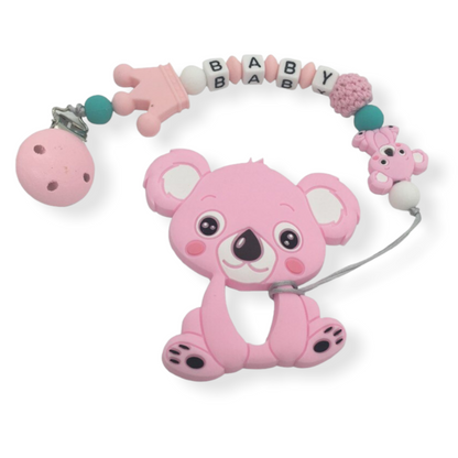 pink Koala personalized pacifier clip with teether