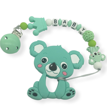 personalized pacifier clip with green koala teether 
