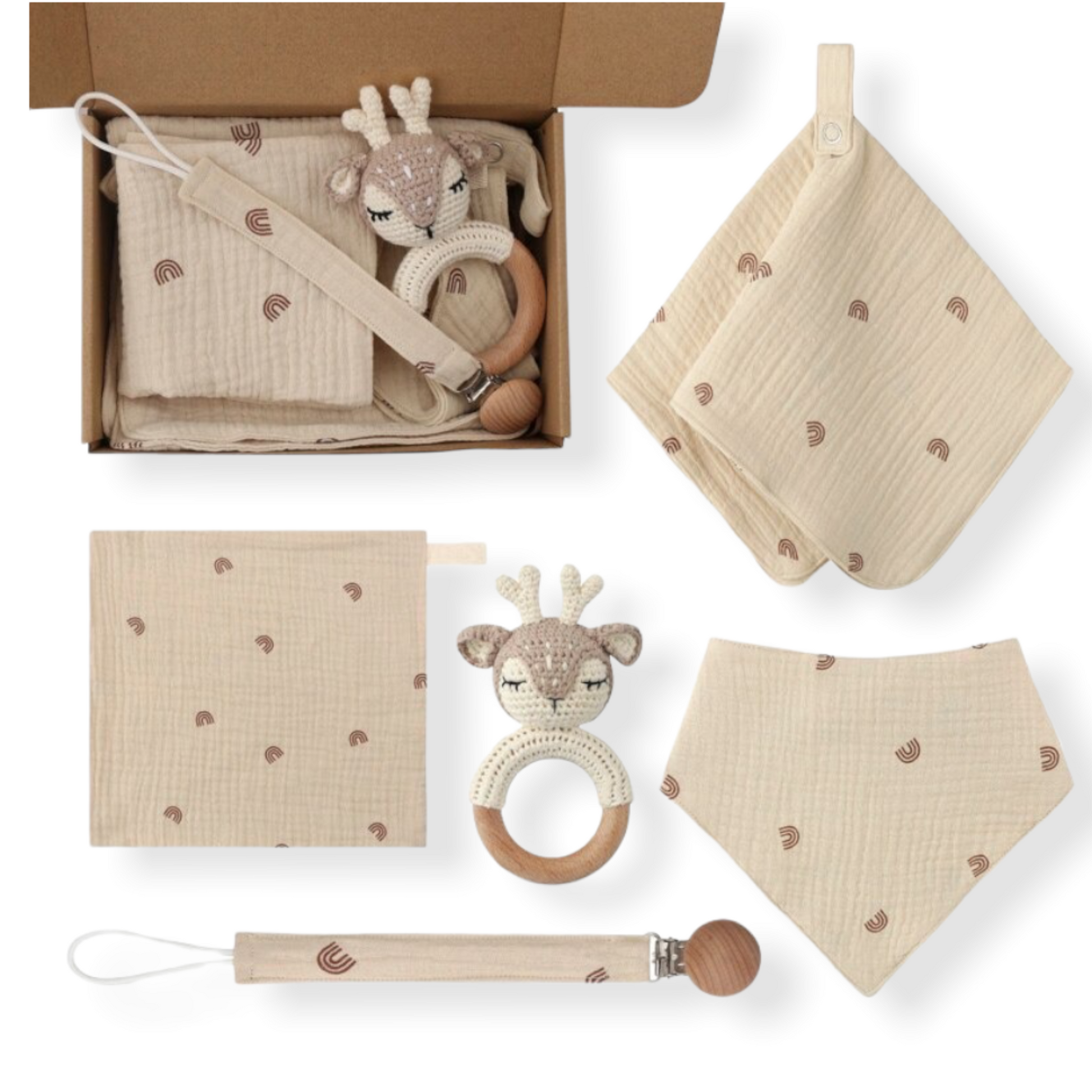 beige deer five piece baby gift set for newborns with bib, swaddle, rattle, handkerchief and fabric pacifier holder