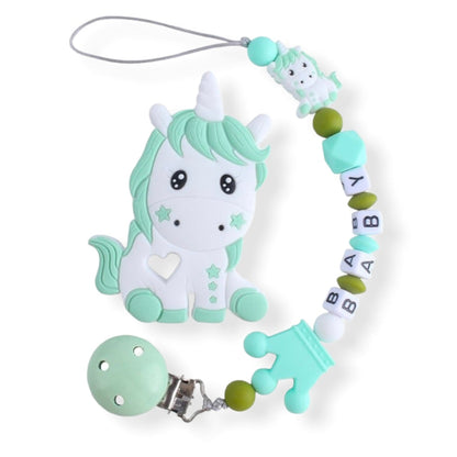 Green silicone unicorn teether with personalized pacifier holder with baby's name.
