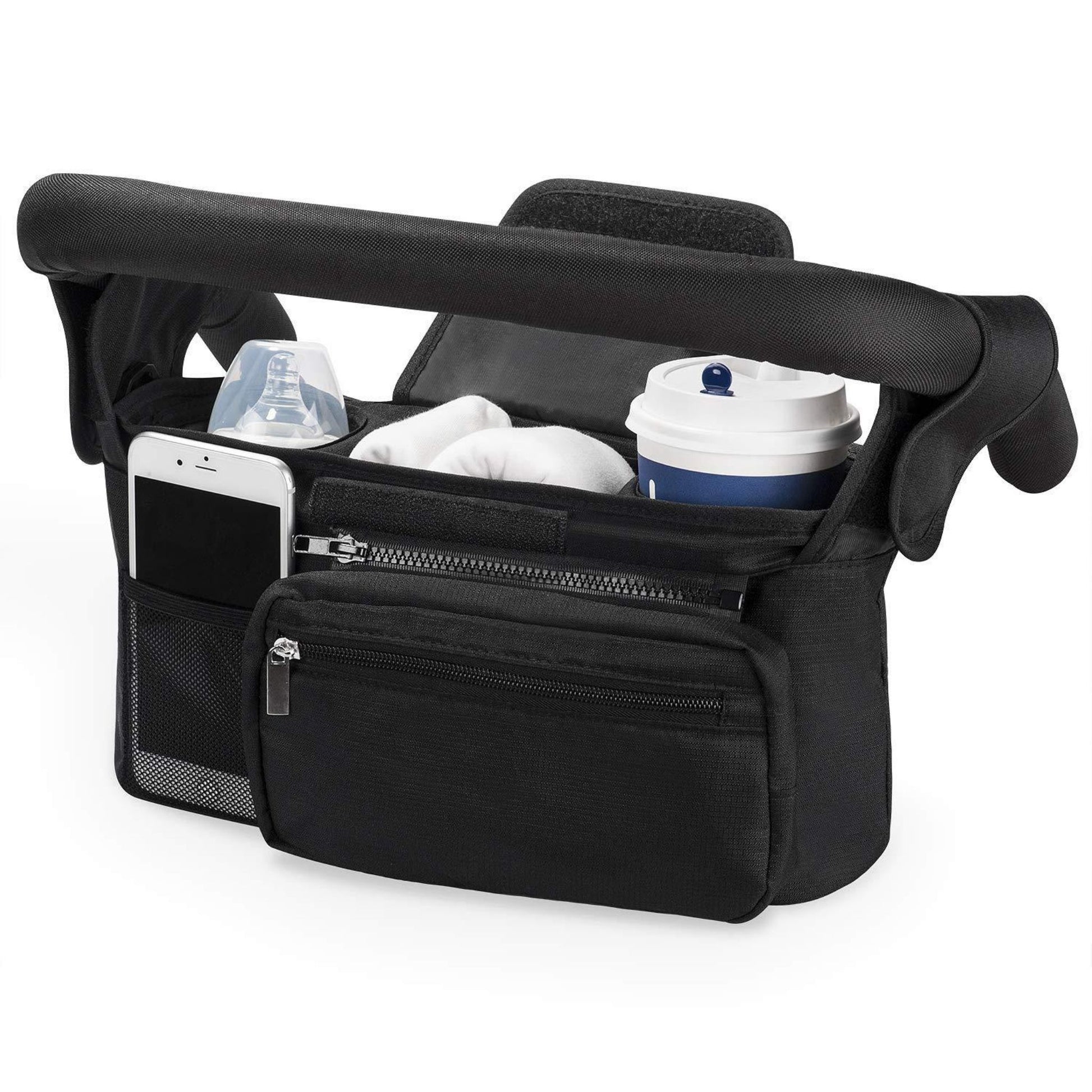 premium black stroller organizer with cup and phone holder | caddy organizer | black pram organizer 