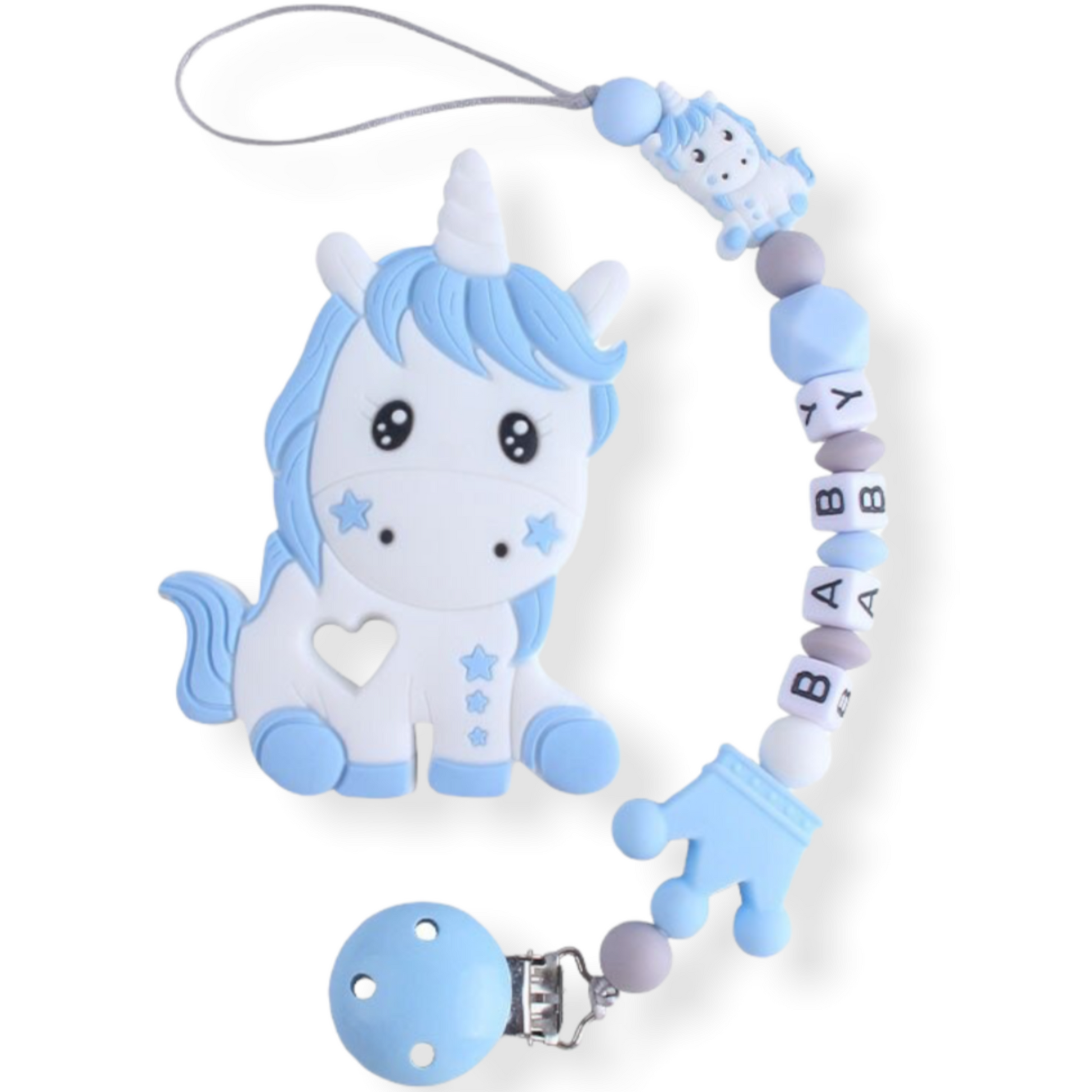 blue silicone personalized unicorn pacifier clip with teether on white background