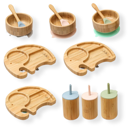 all colors of bamboo elephant tableware set for kids on white background