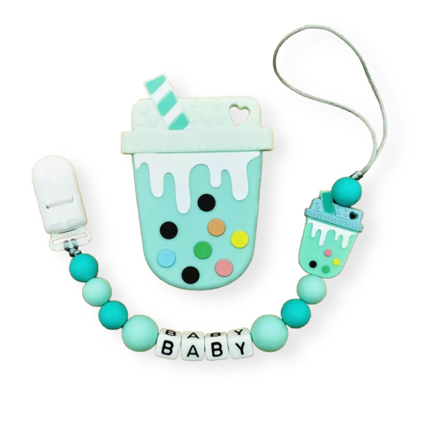 Green bubble tea customized pacifier clip with baby's name with silicone teether set for baby 
