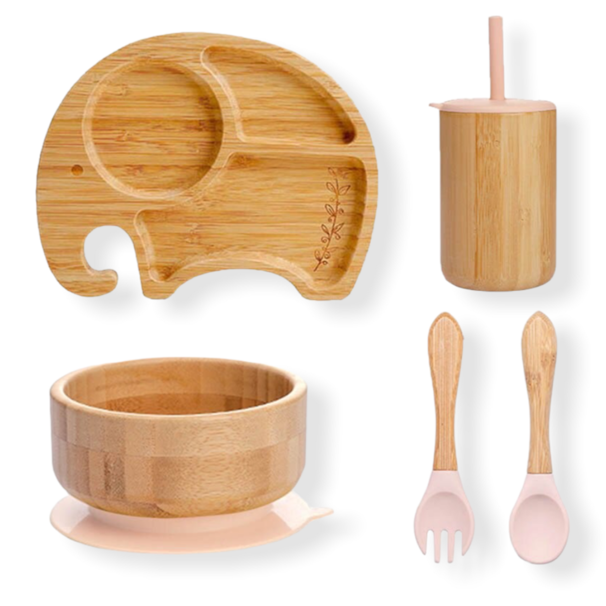 four piece pink bamboo tableware set with elephant plate on white background.