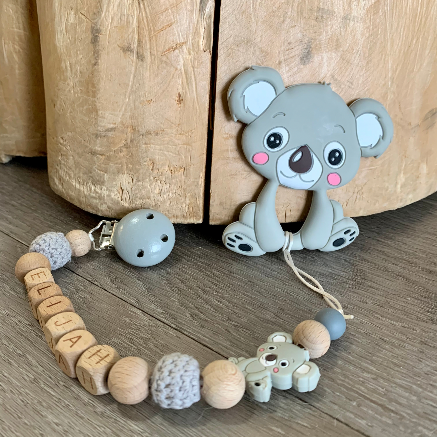 personalized pacifier clip with koala teether for babies- hunny bubba kids