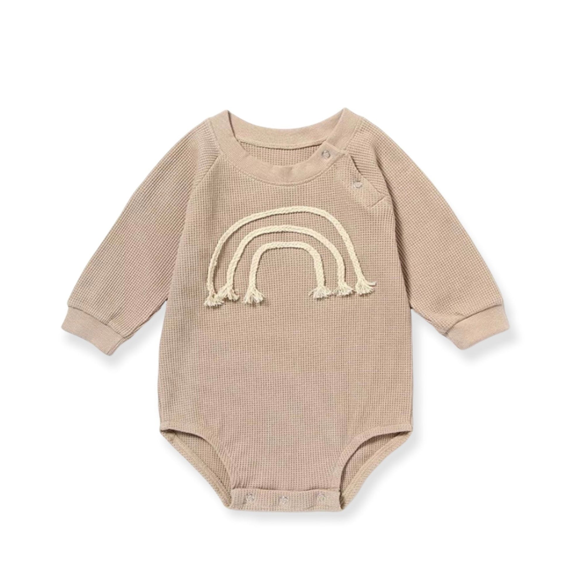 Taupe newborn and baby onesie with rainbow on chest | cotton baby onesie | cotton baby bodysuits for newborn and babies |hunny bubba kids