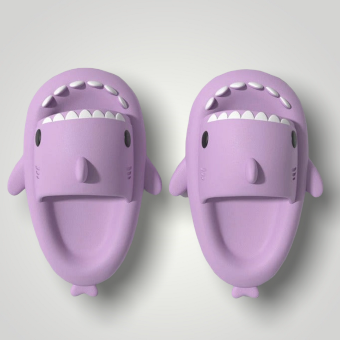 Adult purple shark slippers for summer on white background 