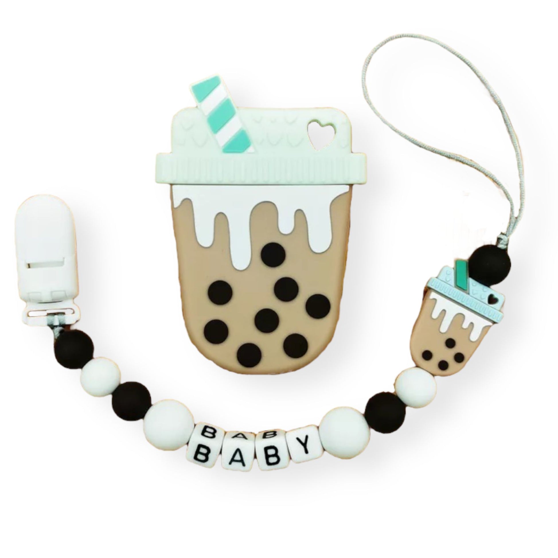 black and brown bubble tea personalized pacifier holder with baby's name with silicone teether set for baby 