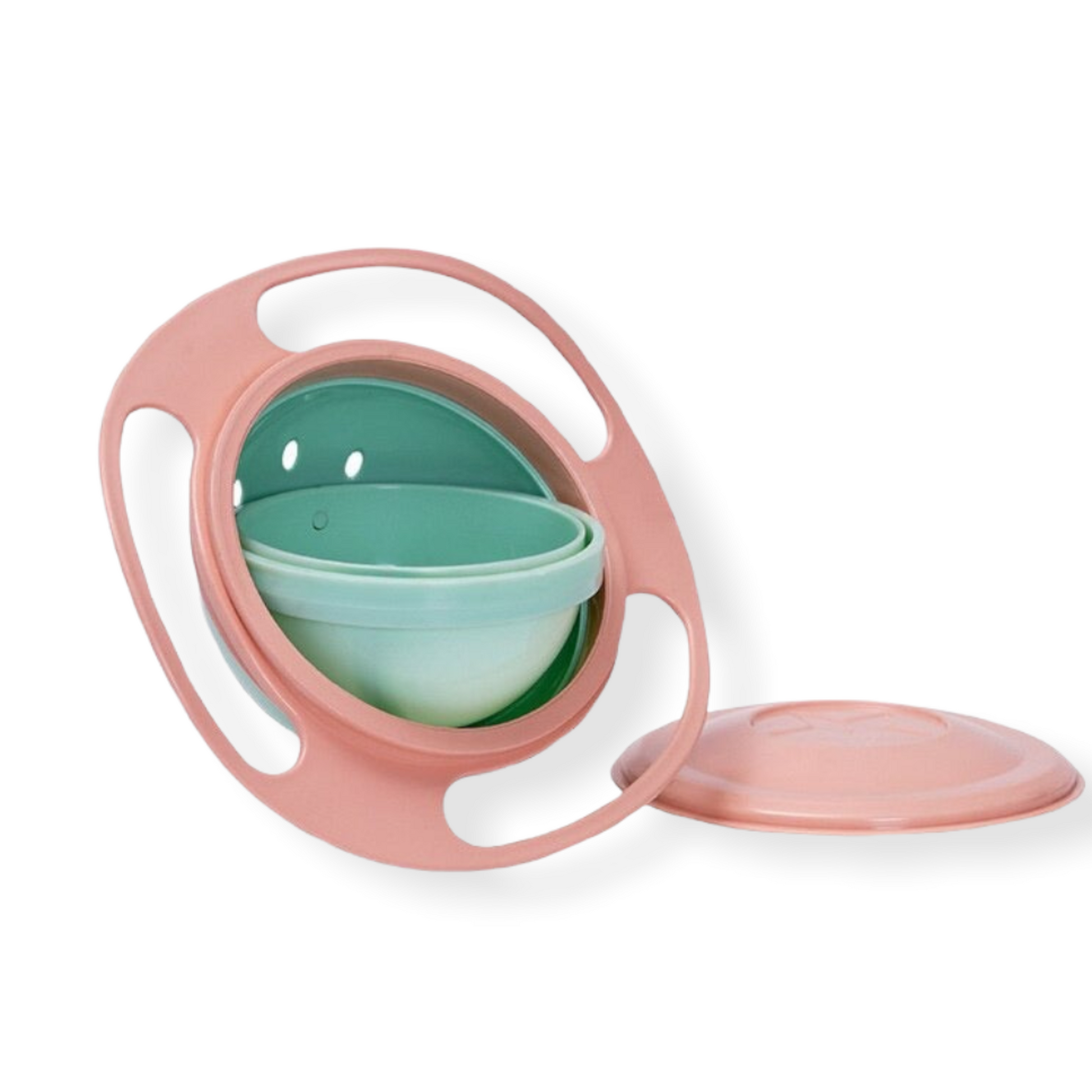 Pastel pink anti spill gyro bowl with lead on white background