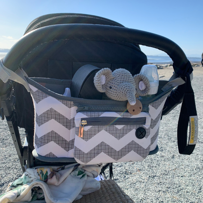 stroller organizer bag / stroller caddy carrying baby things attached to stroller at the beach- hunny bubba kids