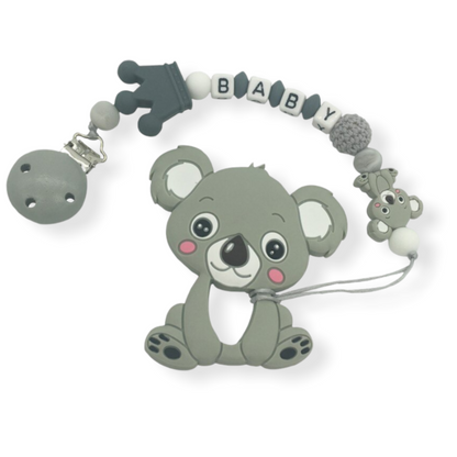 grey silicone personalized baby pacifier clip with theether with koala theme