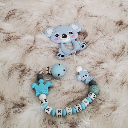 blue koala pacifier clip with teether personalized with baby's name- hunny bubba kids
