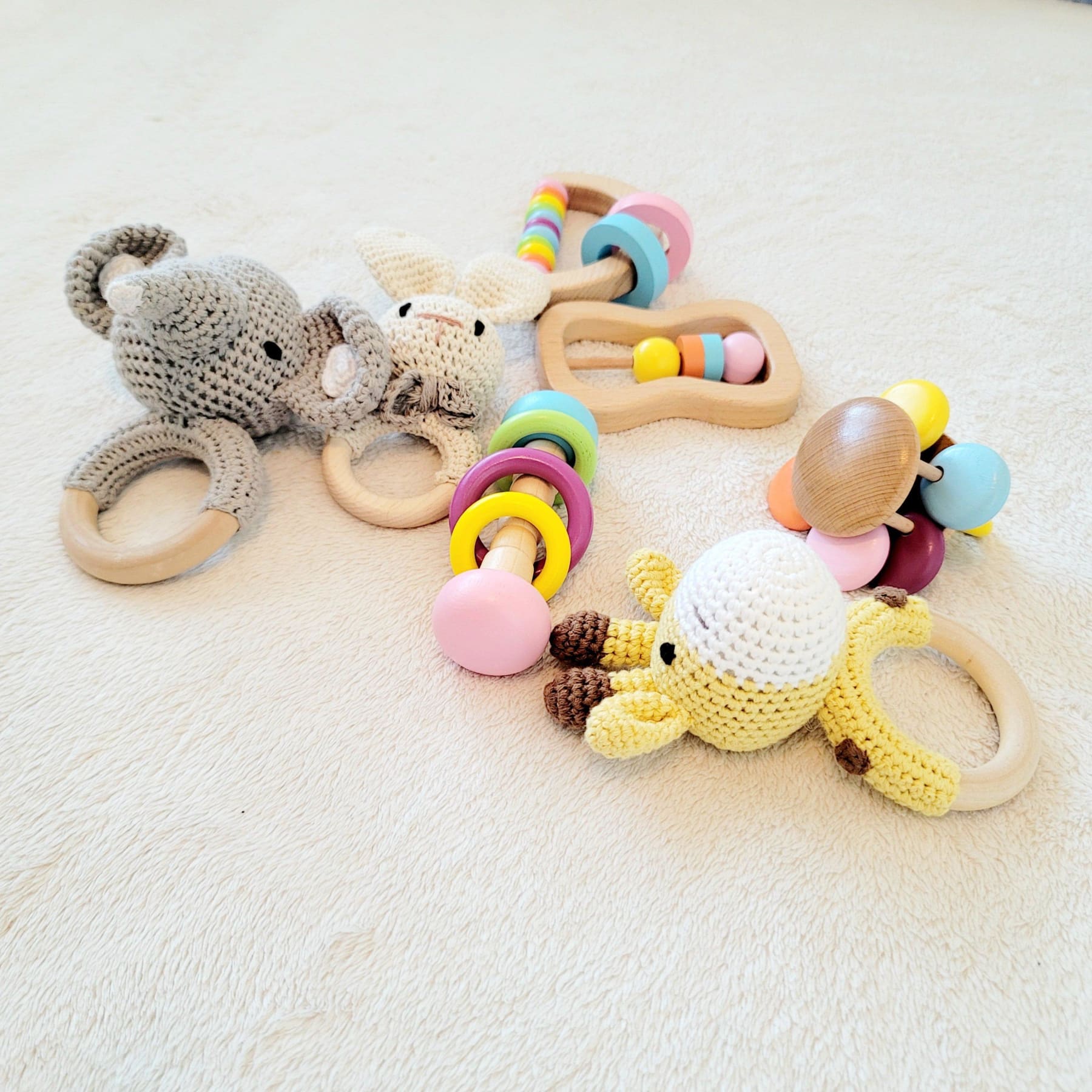Montessori Wooden Toys Baby Gift Set | Montessori wooden toys and crochet baby rattles | | Hunny Bubba Kids