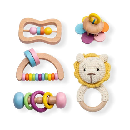 Lion wooden Montessori baby Toy Set | cute crochet animal rattles | baby rattle | hunny bubba kids